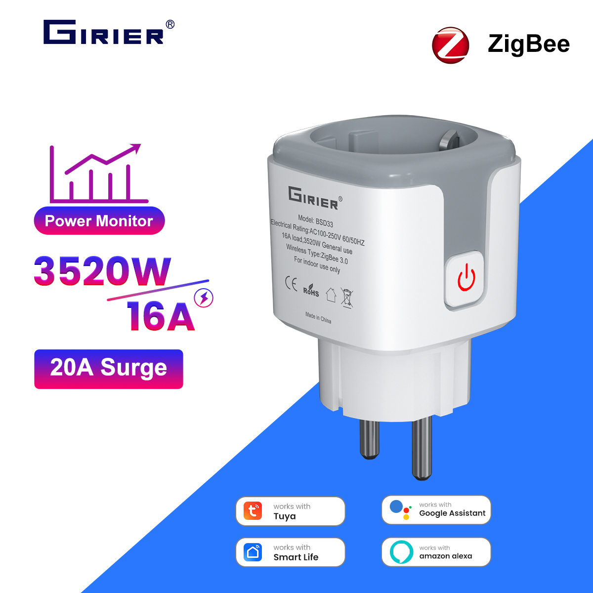 Smart Home Europe - Presa Intelligente GIRIER Tuya ZigBee 16A